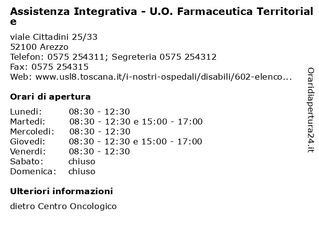 Orari di apertura Assistenza Integrativa U.O. Farmaceutica